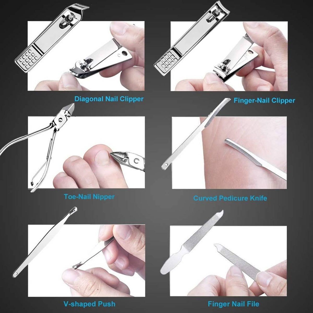 Nail clippers and nail file set with diagonal cutters and a curved pedicure blade