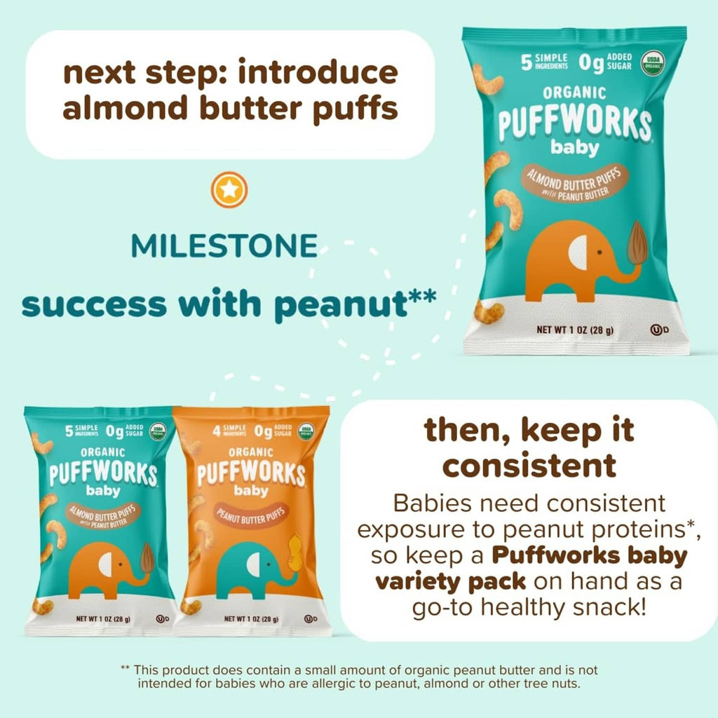 Two Puffworks baby pouches with milestone graphic for introducing peanut butter puffs