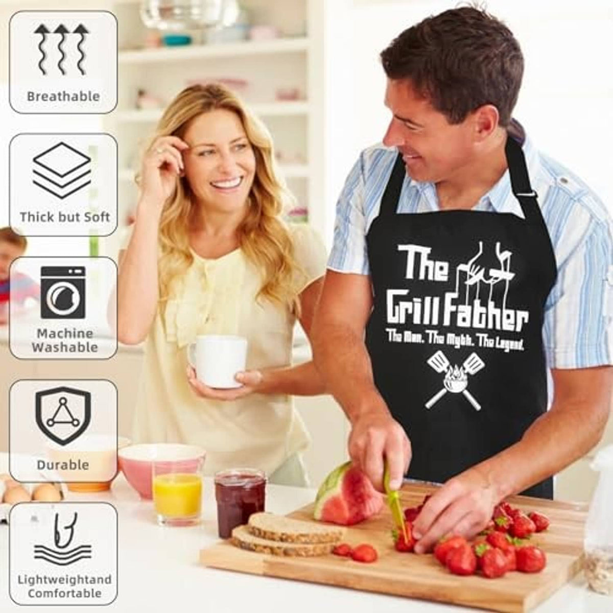 Black apron with grilling graphic worn while chopping; durable, machine-washable style