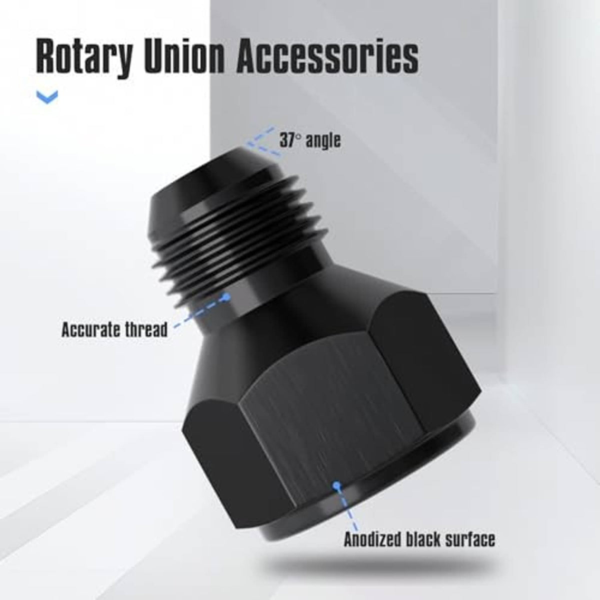 Black aluminum hose reducer fitting with hex body and ribbed threaded connection.