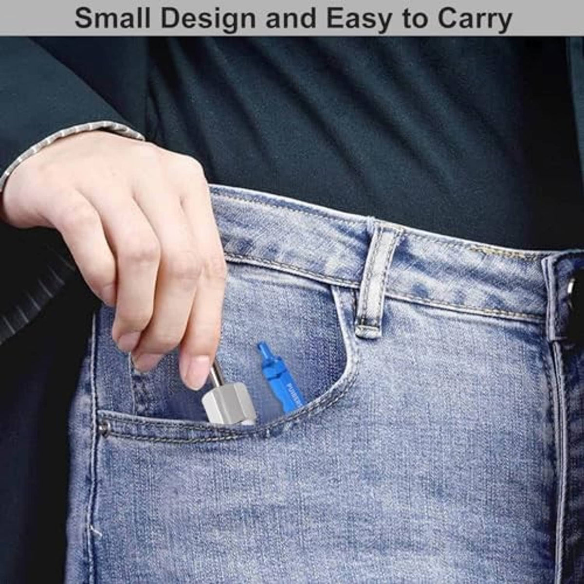 Compact tire valve core remover tool kit carried in a jeans pocket