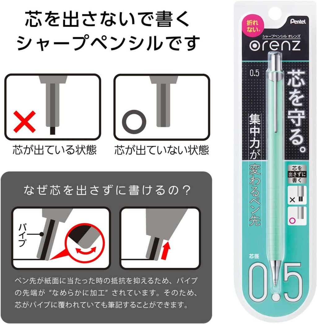 Mint ORenz 0.5 mechanical pencil in blister pack with usage instruction icons