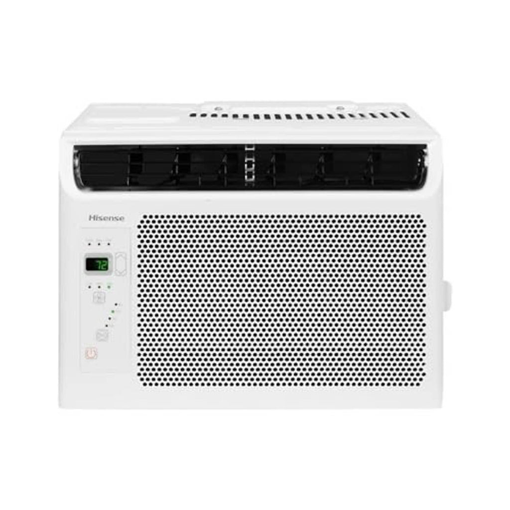 Front view white window air conditioner with black top vent and perforated grille