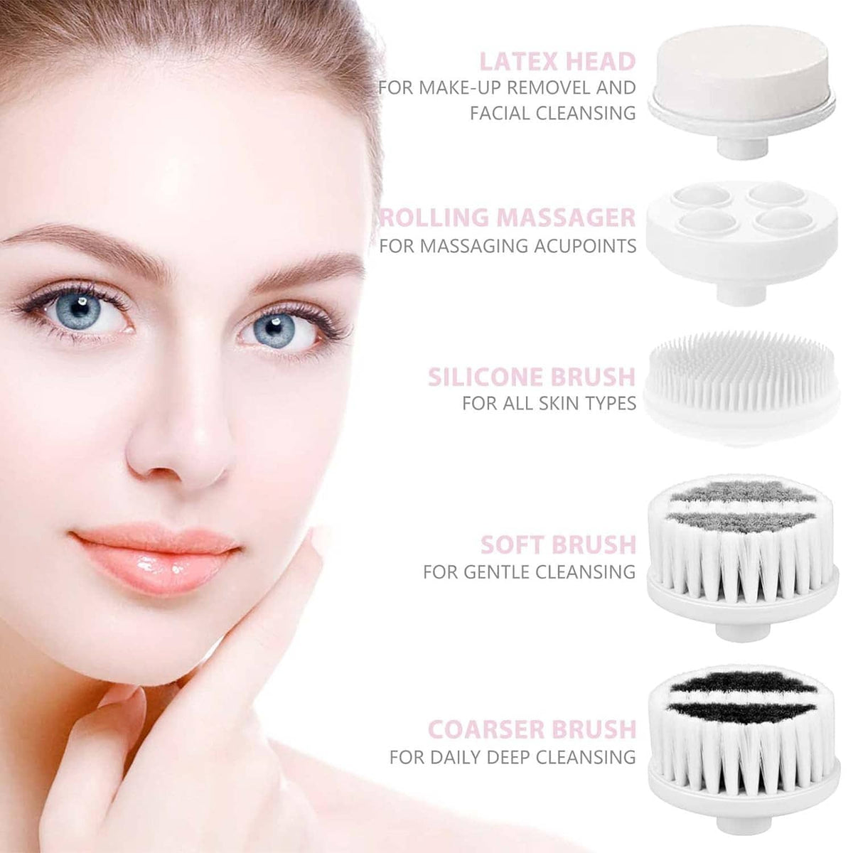 Facial cleansing spin brush with purple handle plus three replaceable brush heads