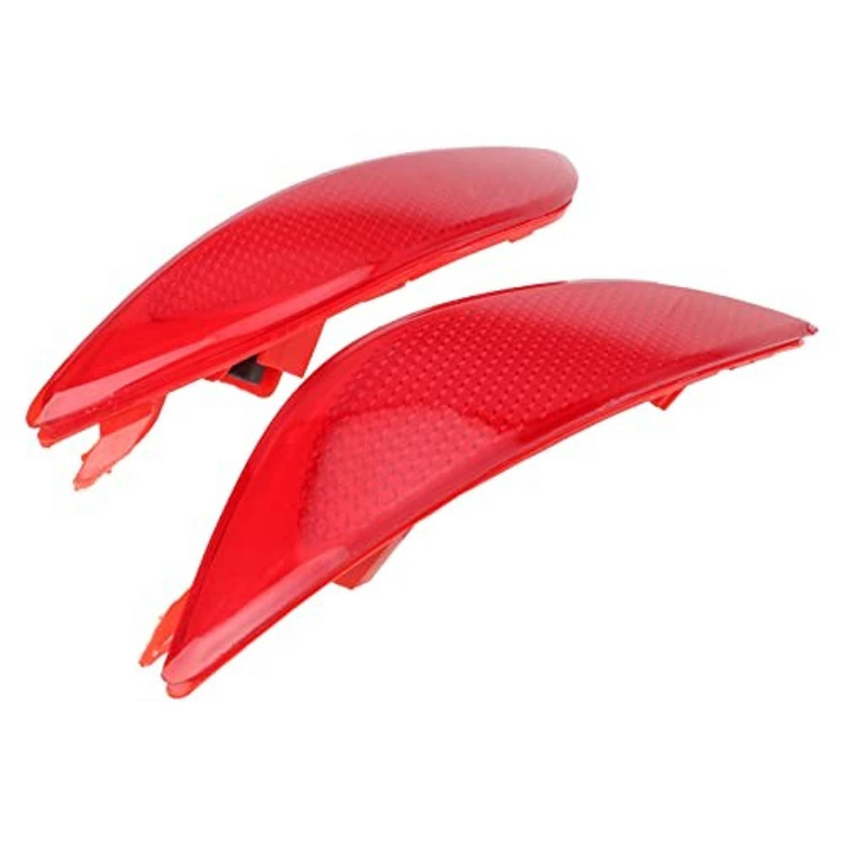 Two red rear bumper reflector trim lenses, angled view with mounting points
