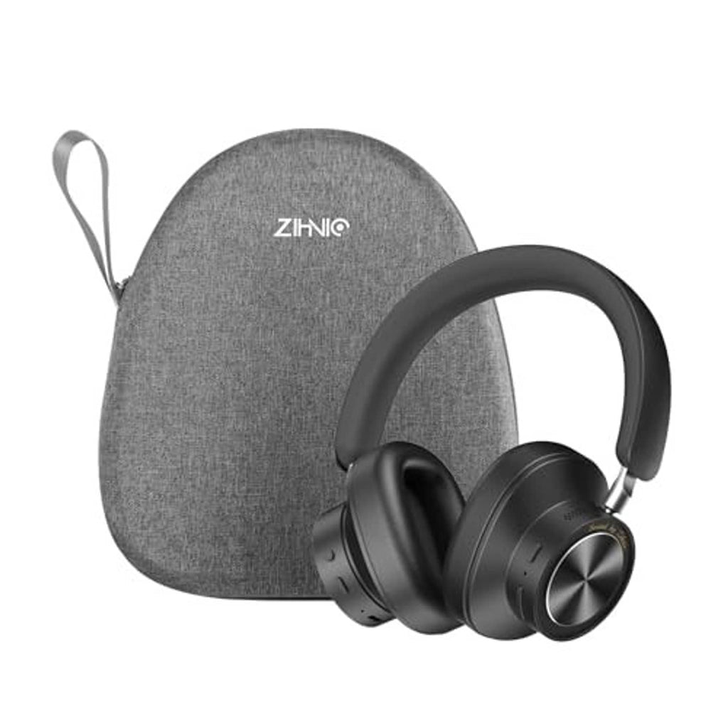 Wireless over-ear headphones with black ear cups and gray carrying pouch
