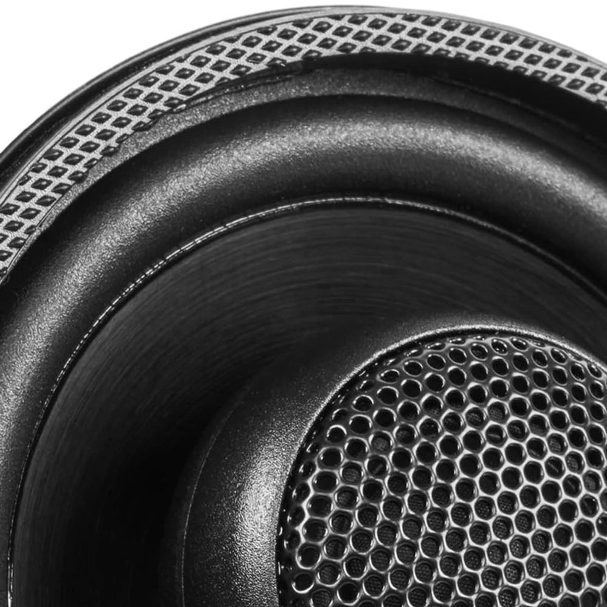 Black 3.5-inch coaxial car speaker close-up of woofer surround and metal mesh