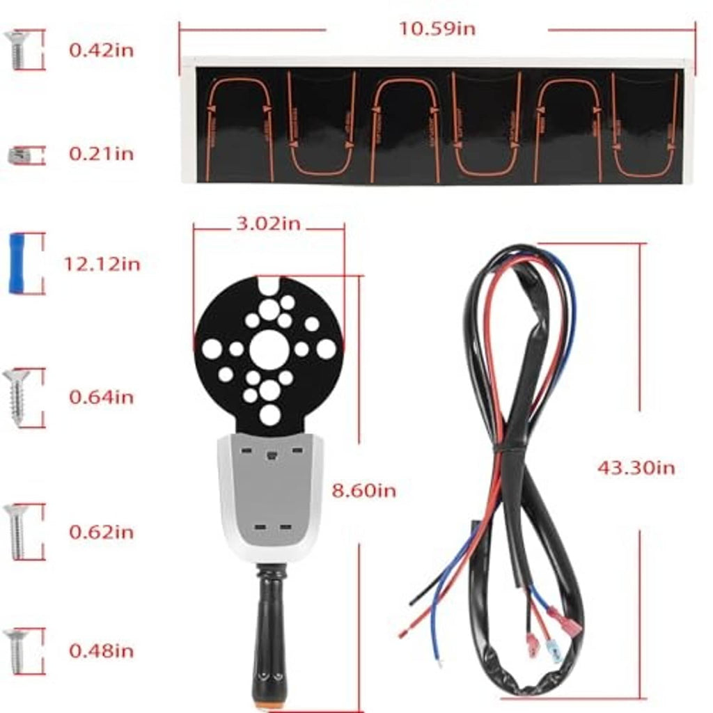 Control switch with black dial face, wiring harness, and size diagram