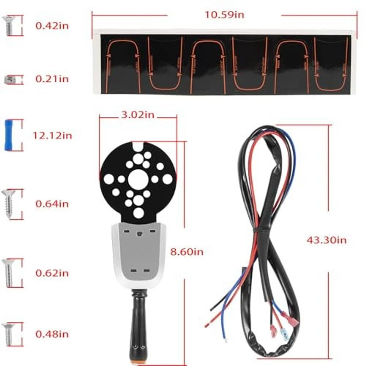 Control switch with black dial face, wiring harness, and size diagram
