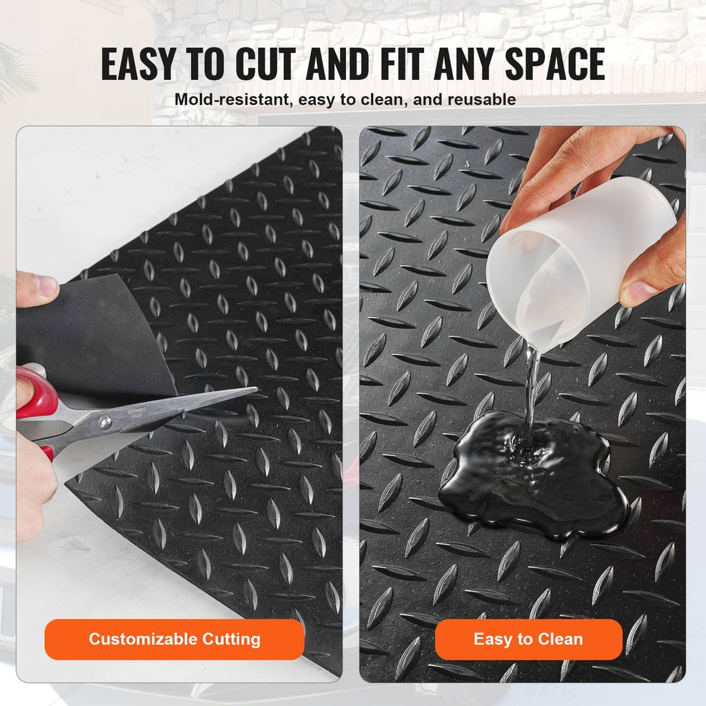 Black diamond-plate floor mat being cut and refolded; non-slip raised texture
