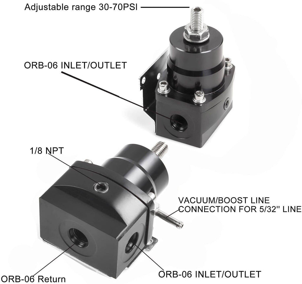 Black fuel pressure regulator with inlet/outlet ports and vacuum/boost line connection