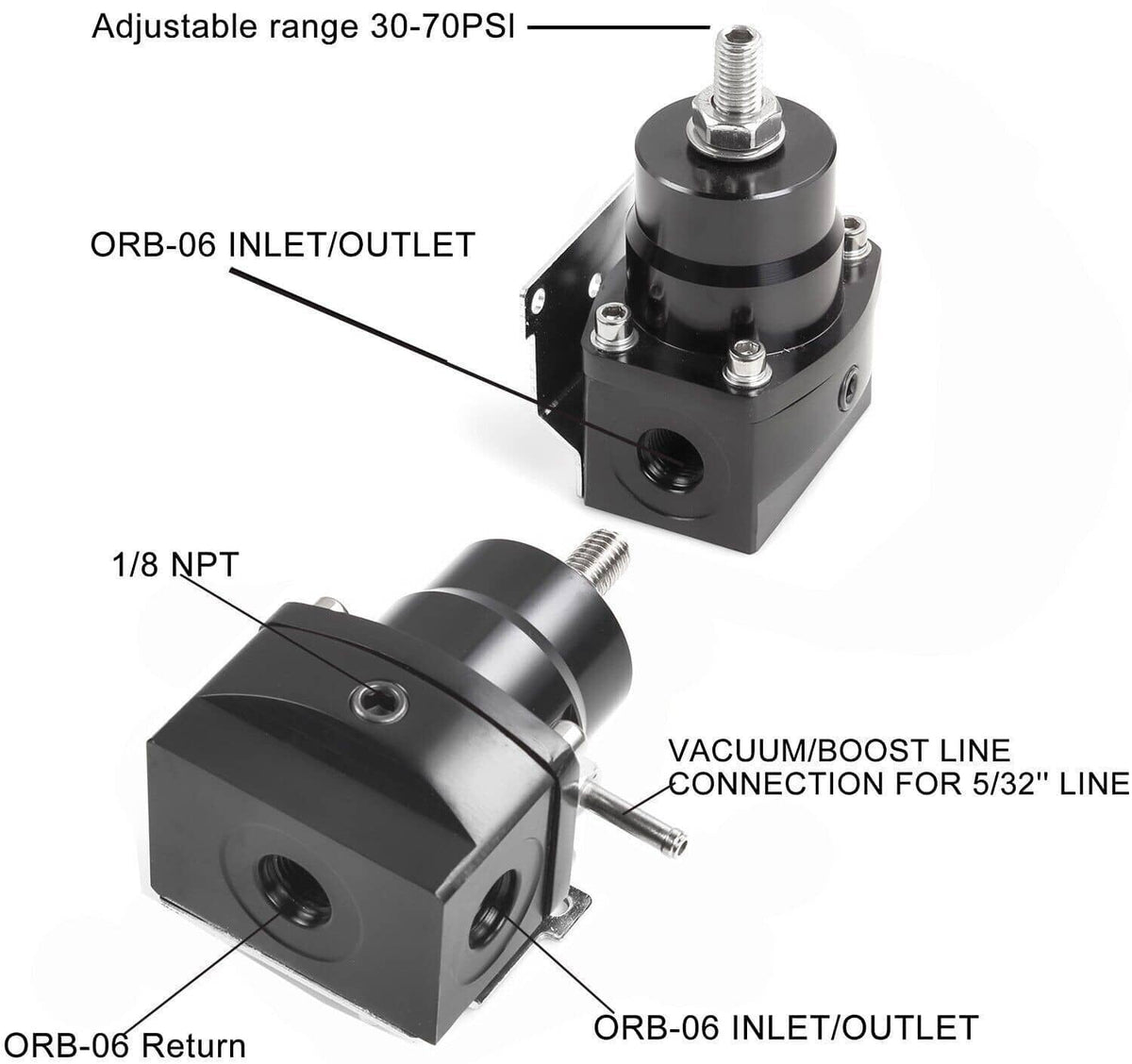 Black fuel pressure regulator with inlet/outlet ports and vacuum/boost line connection