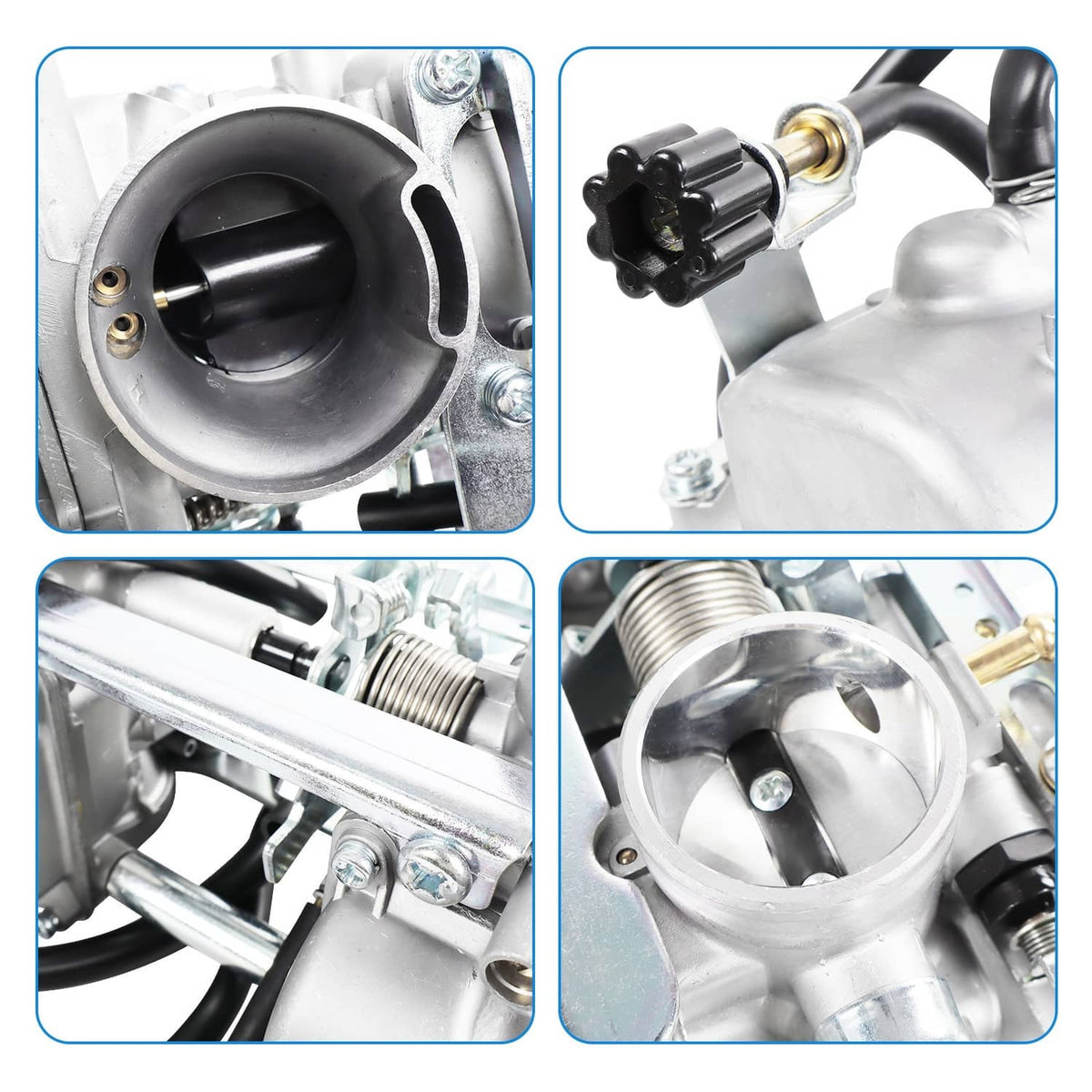 Carburetor detail set showing twin throttle bores, fittings, springs, and chamber