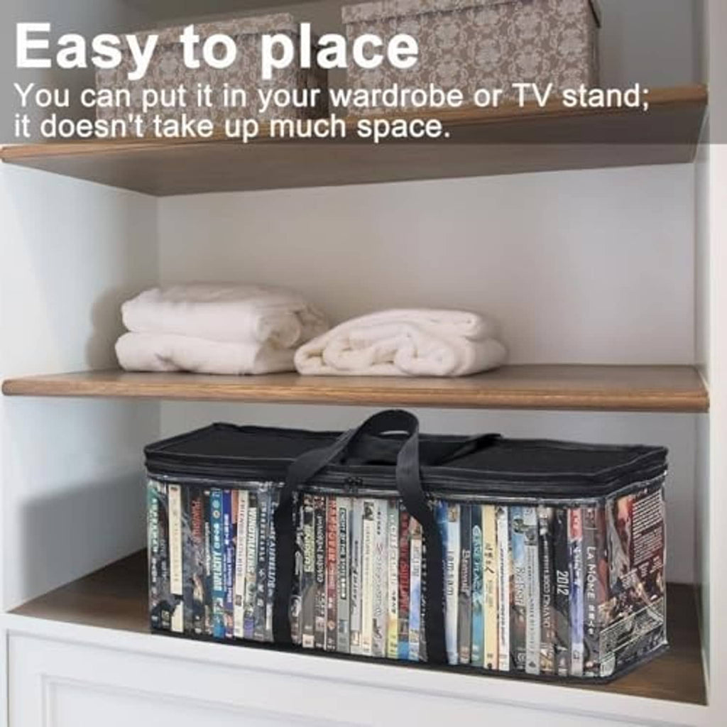 Clear-front DVD storage bags on a shelf, black zipper tops and handles
