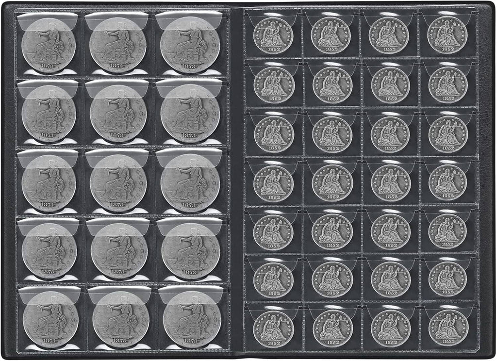 Coin album page spread with round coin pockets on left and small coin slots on right