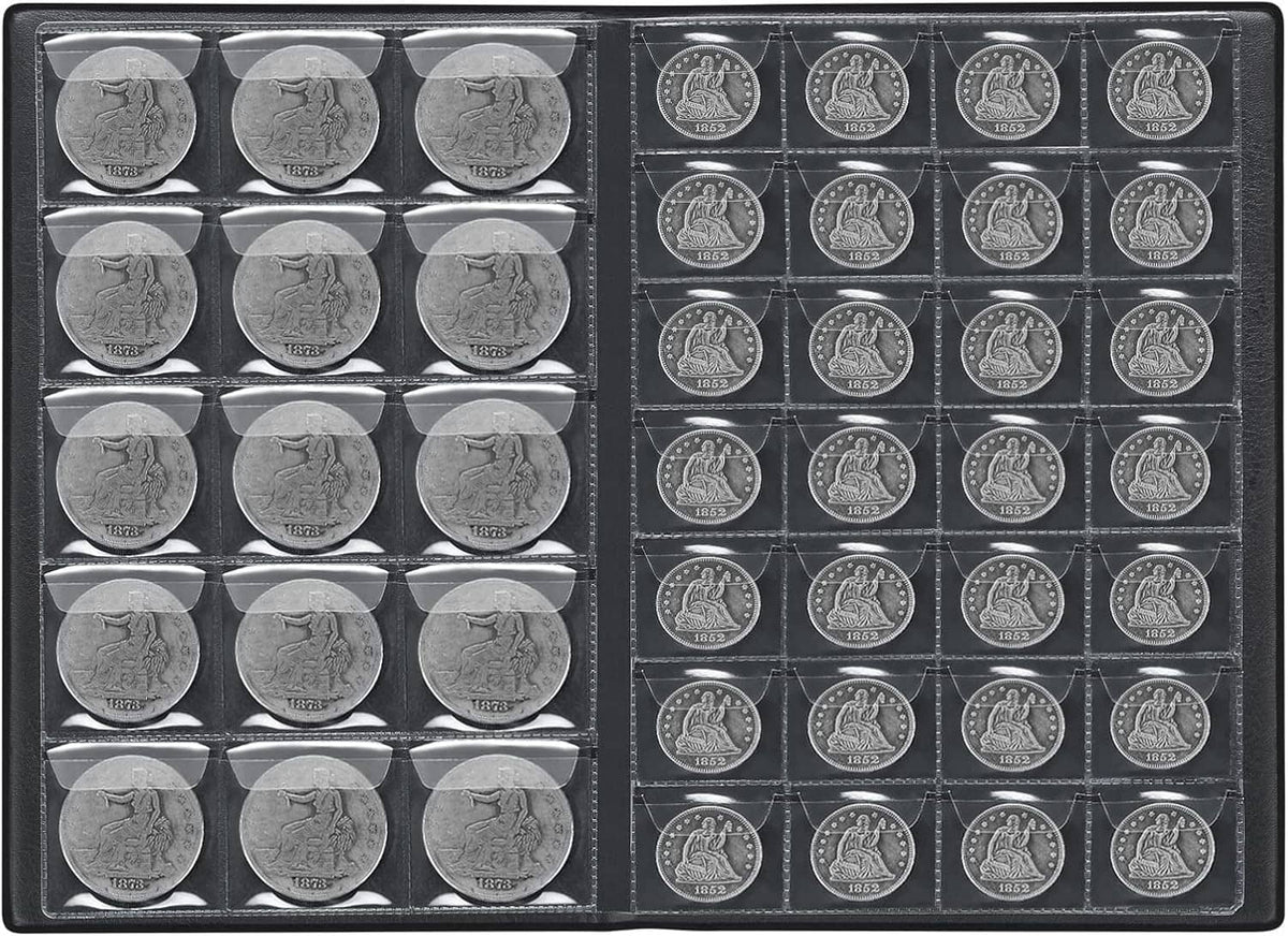 Coin album page spread with round coin pockets on left and small coin slots on right