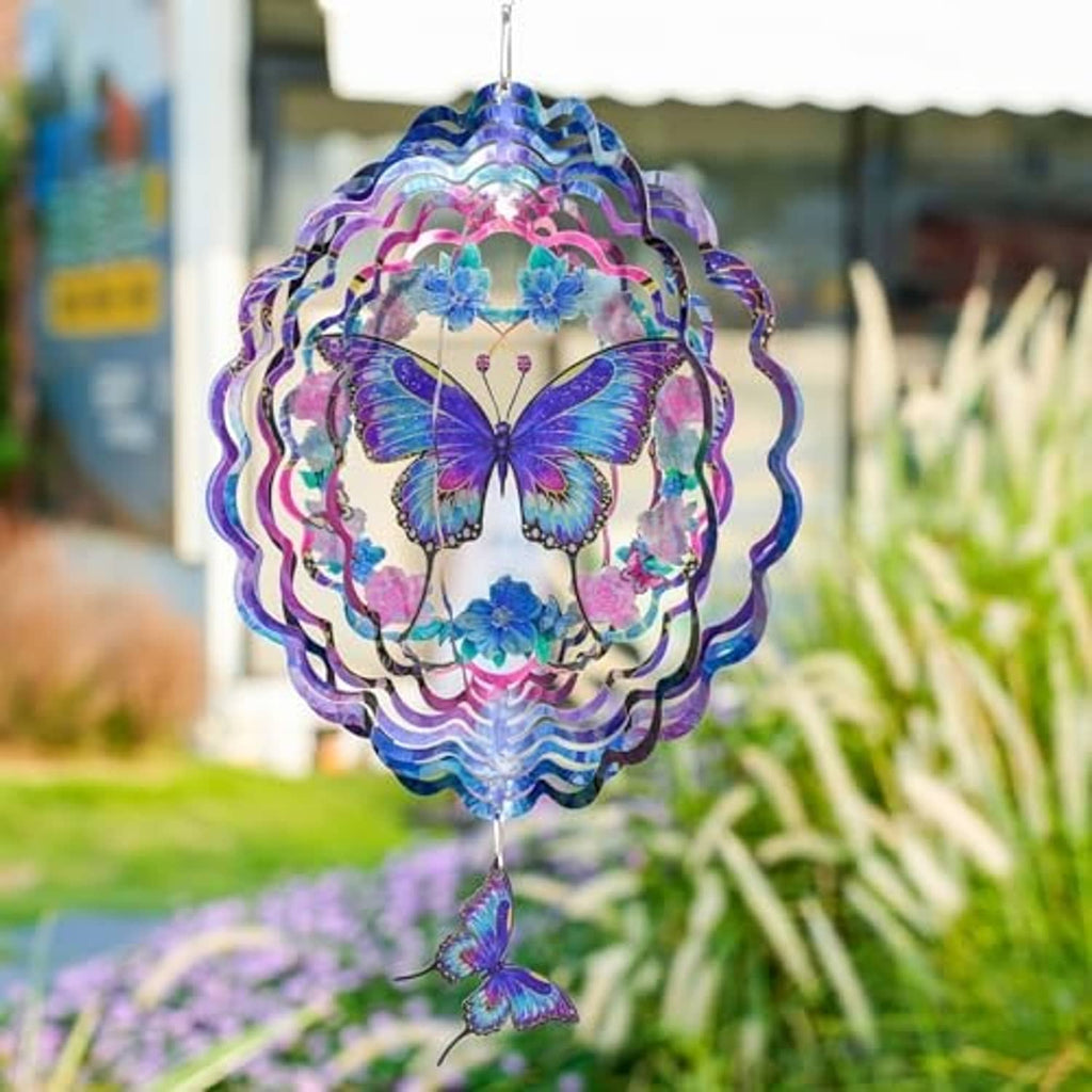 Outdoor hanging butterfly wind spinner with multicolor butterfly centerpiece and layered spiral design