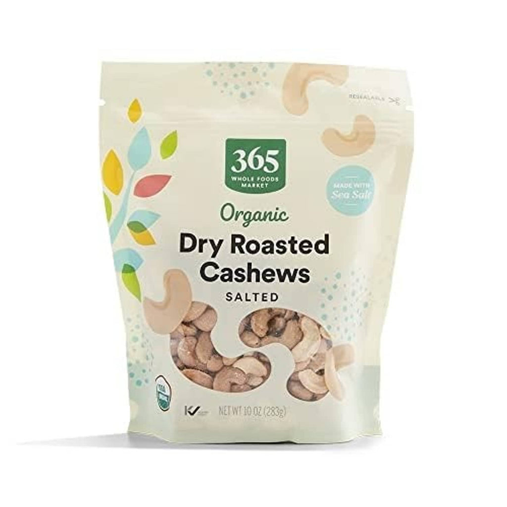 Whole Foods Market 365 organic dry roasted salted cashews in stand-up pouch