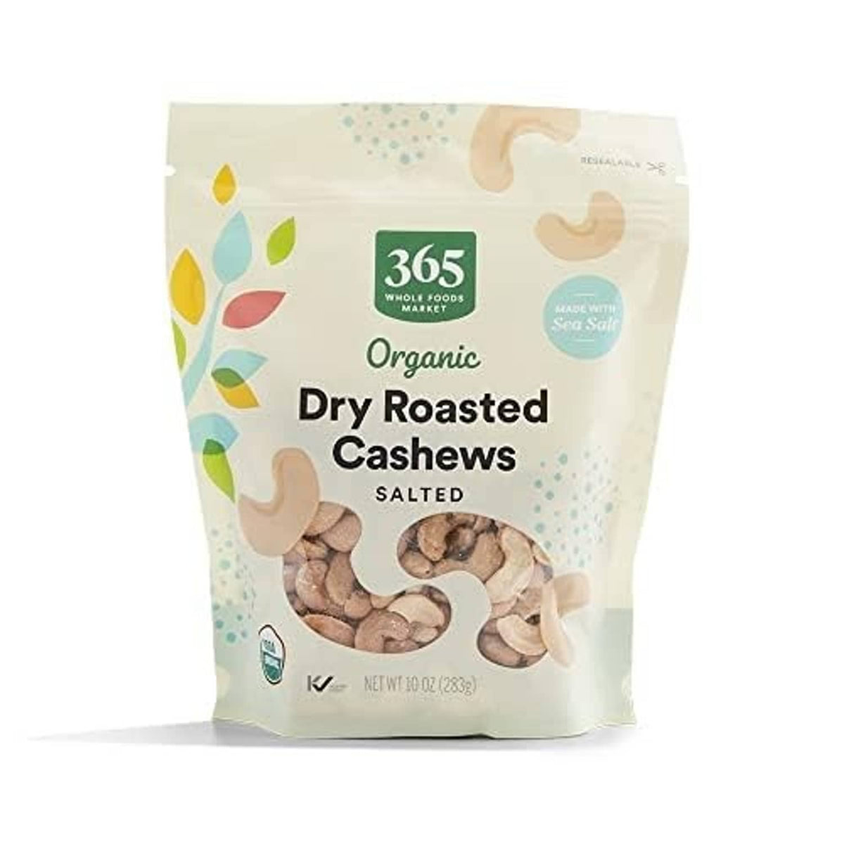 Whole Foods Market 365 organic dry roasted salted cashews in stand-up pouch