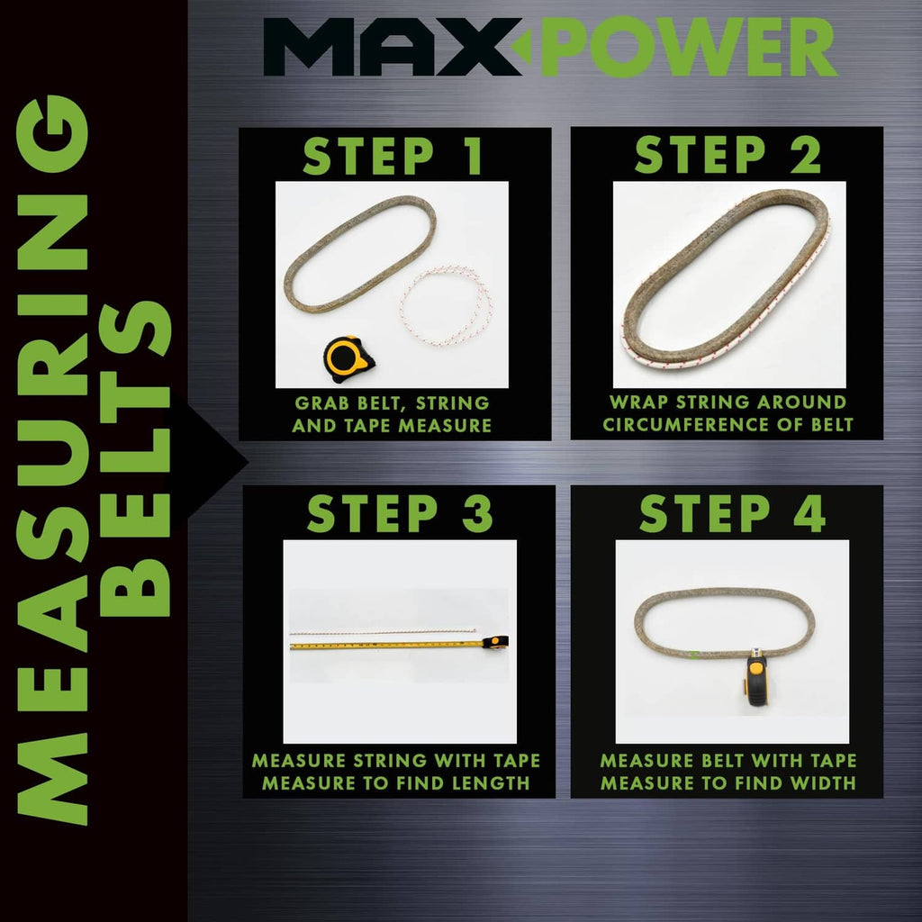 Gray V-belt installation steps graphic, showing measuring and wrapping