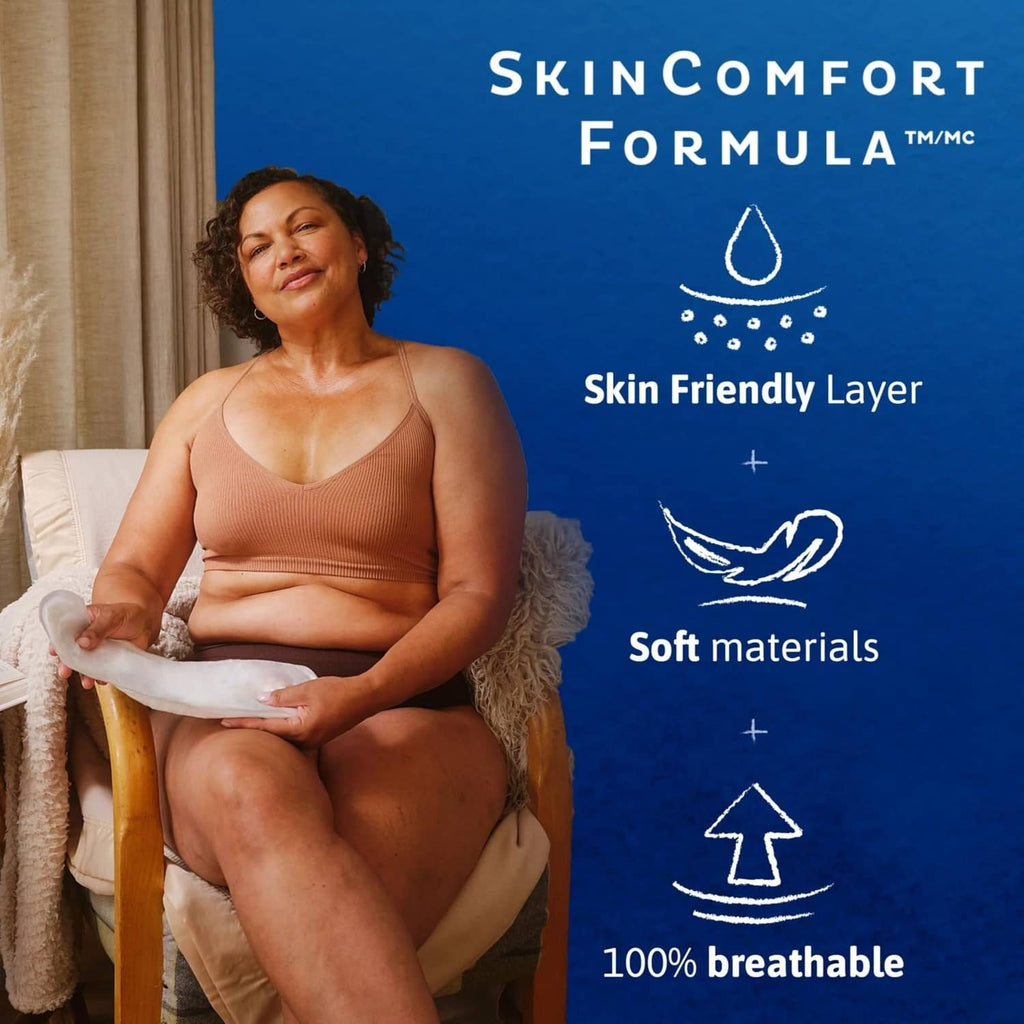 TENA Sensitive Care SkinComfort Formula on-pack with model holding a white pad
