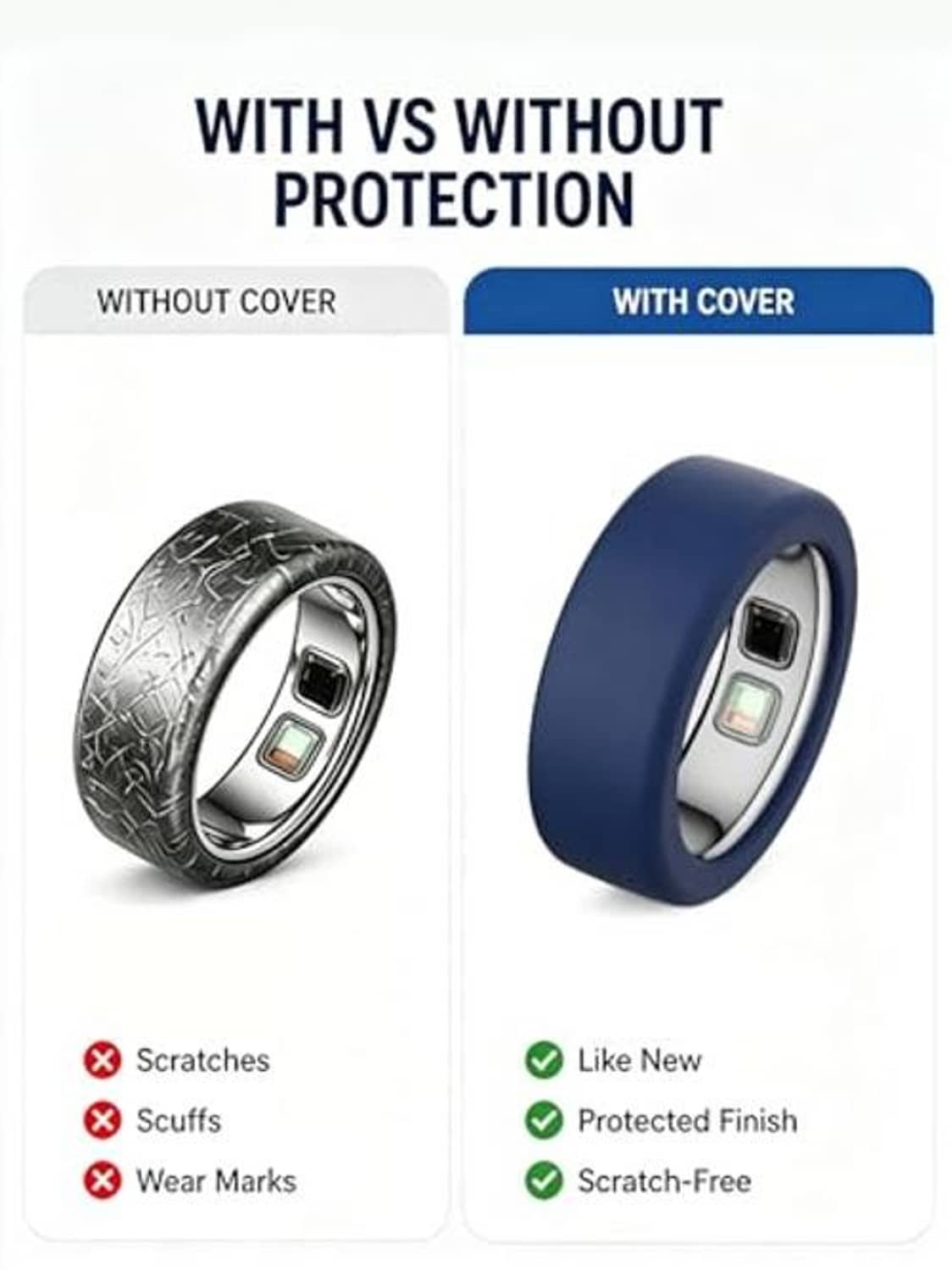 Blue silicone ring cover sleeve shown on a smart ring, side-by-side