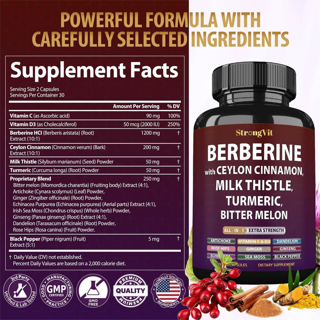StrongVit berberine supplement bottle beside Supplement Facts nutrition panel