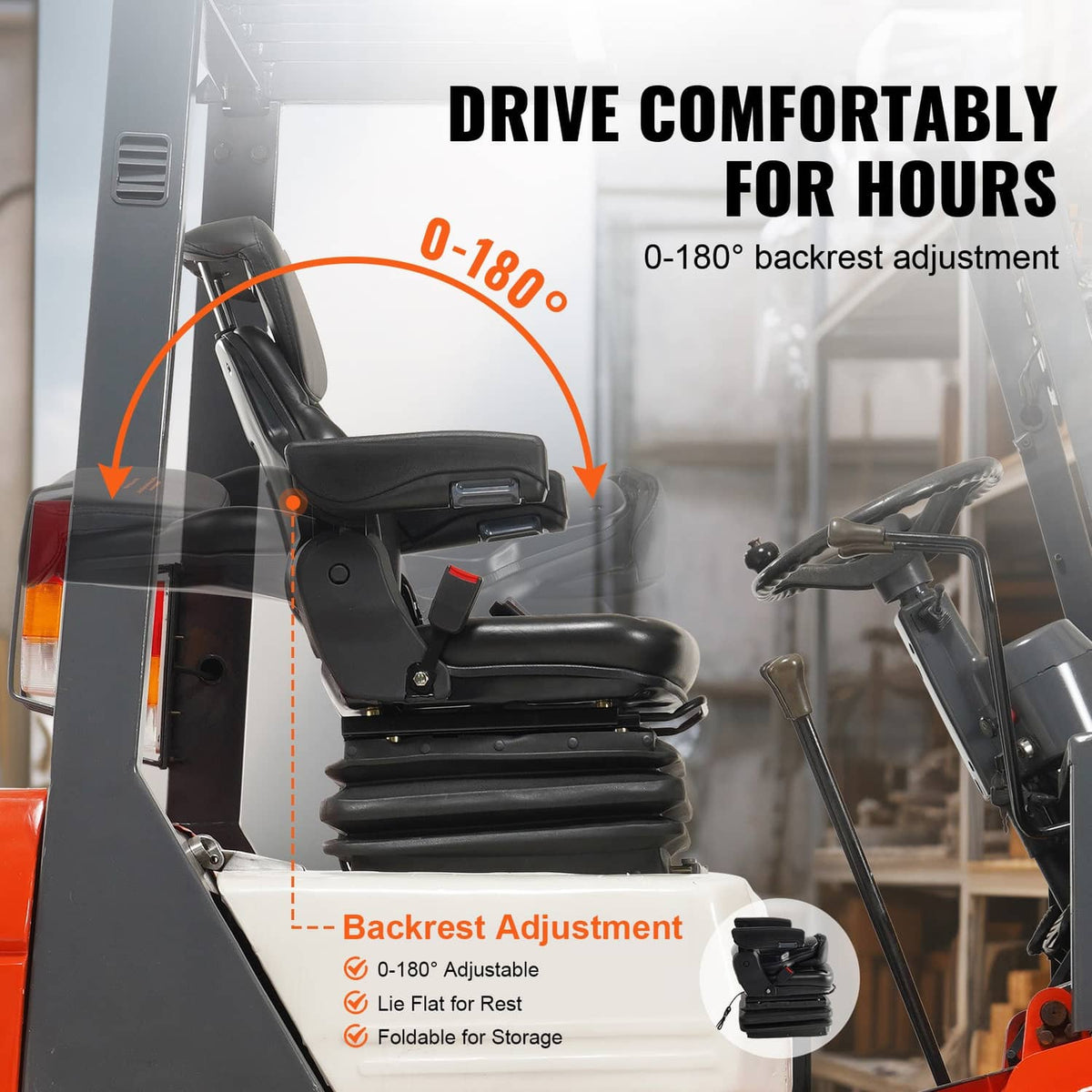 Black forklift seat with adjustable backrest and padded armrest