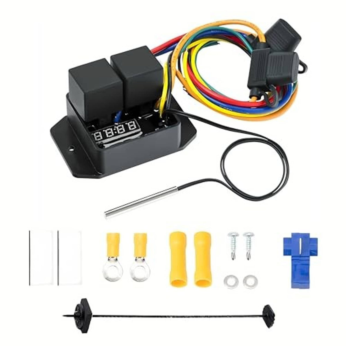 Digital thermatic fan switch kit with LED controller, multicolor wires, fuse holders, and probe