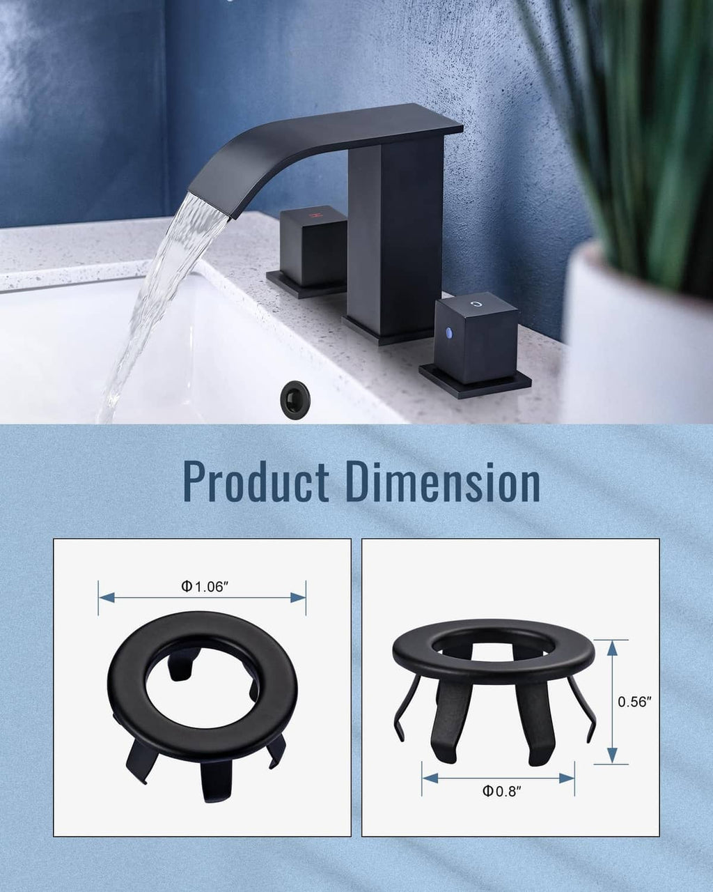 Black sink overflow ring shown with product size diagram and mounting legs