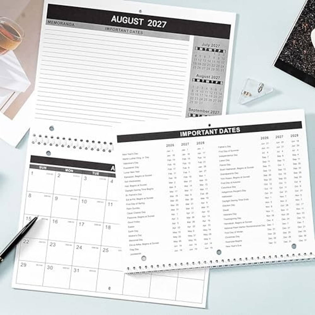 August 2027 wall calendar pages, black-topped grid with memo writing lines