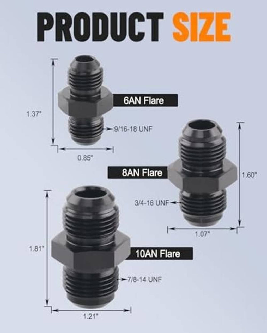 Flare coupler union sizing diagram with 6AN, 8AN, and 10AN measurements