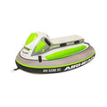 Two-rider towable tube in white, gray, and neon green with grab handles and rails