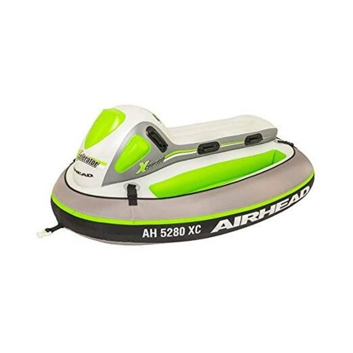 Two-rider towable tube in white, gray, and neon green with grab handles and rails