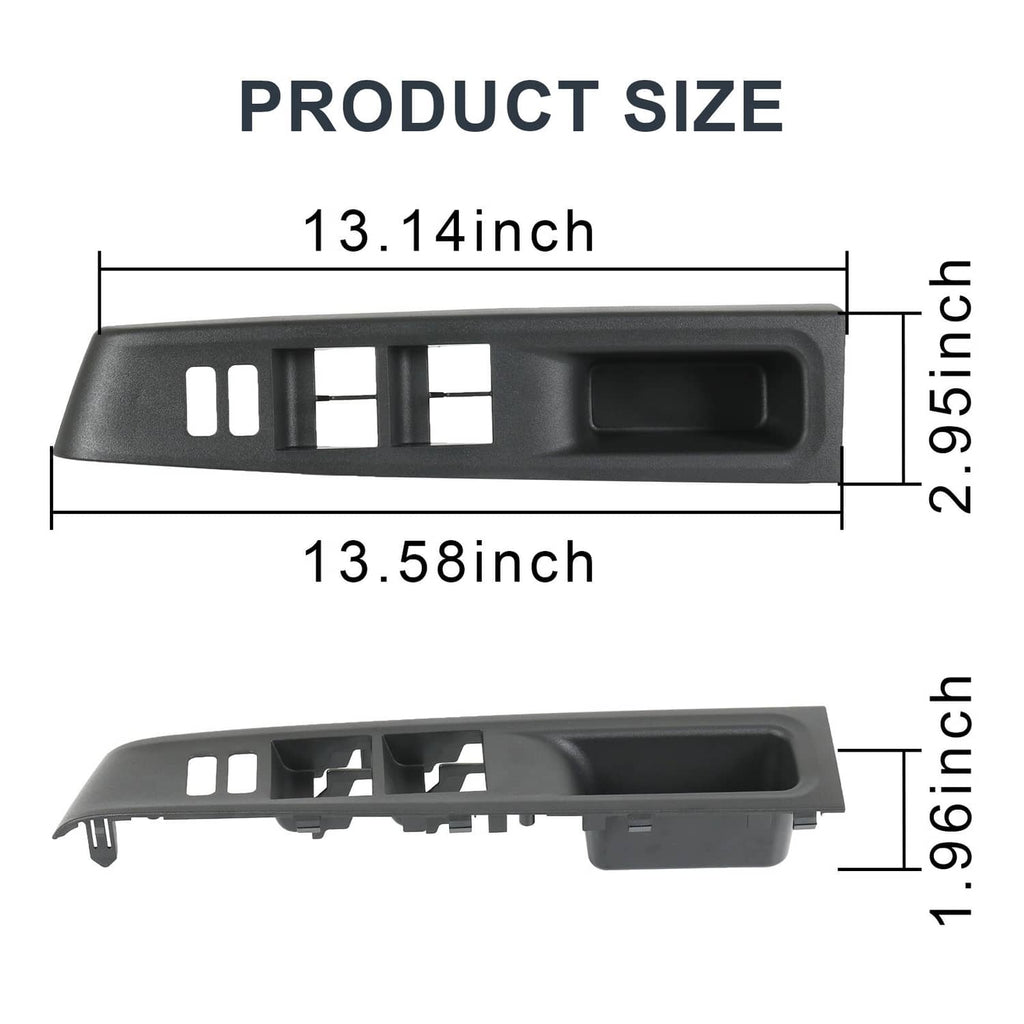 Window switch bezel trim cover with switch cutouts, dark gray, driver side.