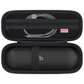 Black zippered carrying case with mesh pocket, elastic strap, and coiled cable compartments