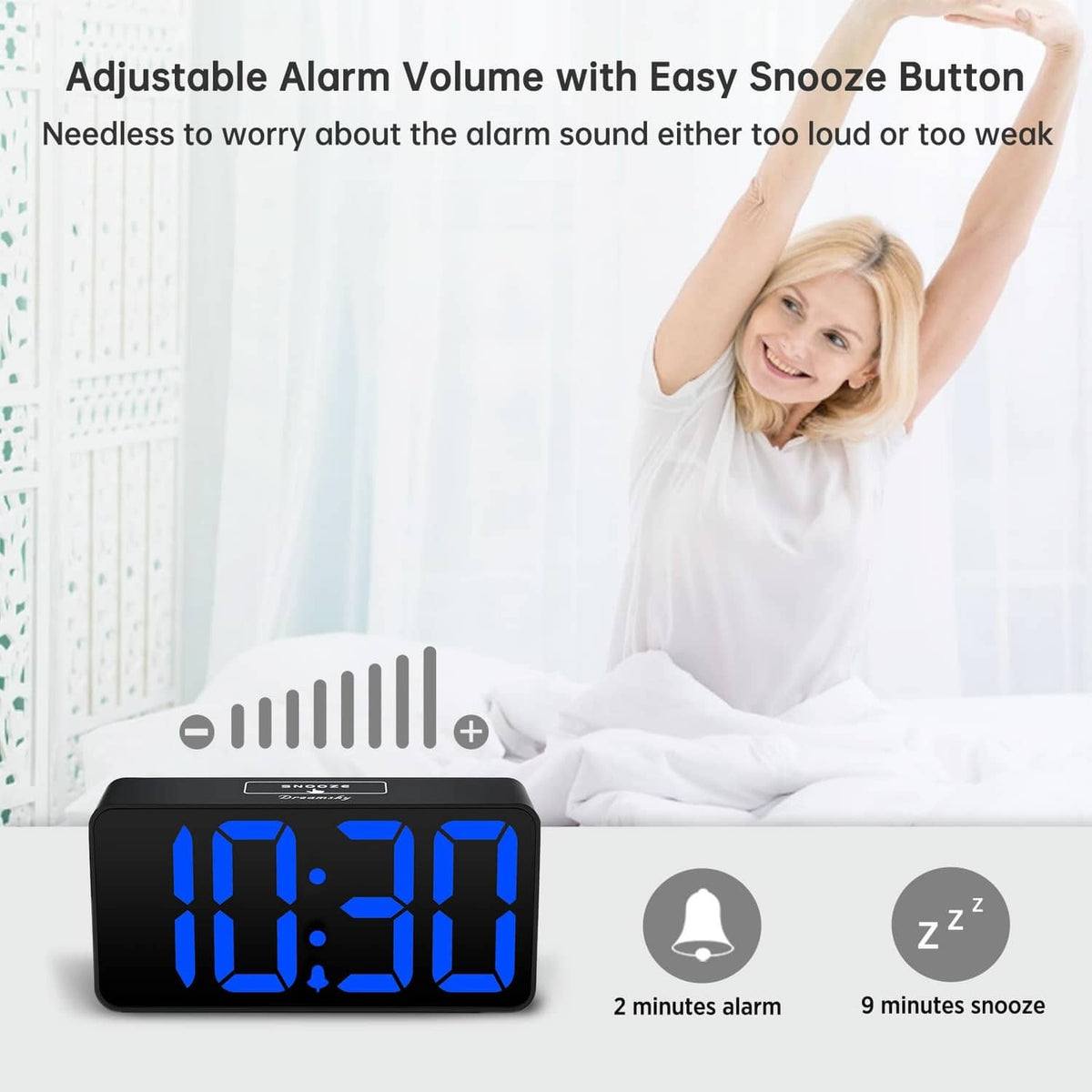 Digital alarm clock with blue LED digits, alarm bell and snooze icons