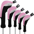 Five-piece pink mesh golf club head covers with black long necks and numbered tags