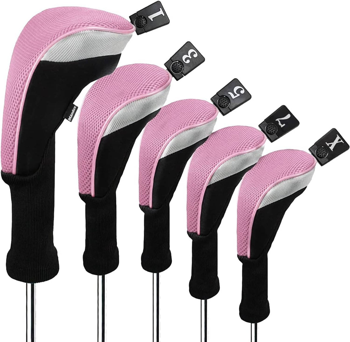 Five-piece pink mesh golf club head covers with black long necks and numbered tags