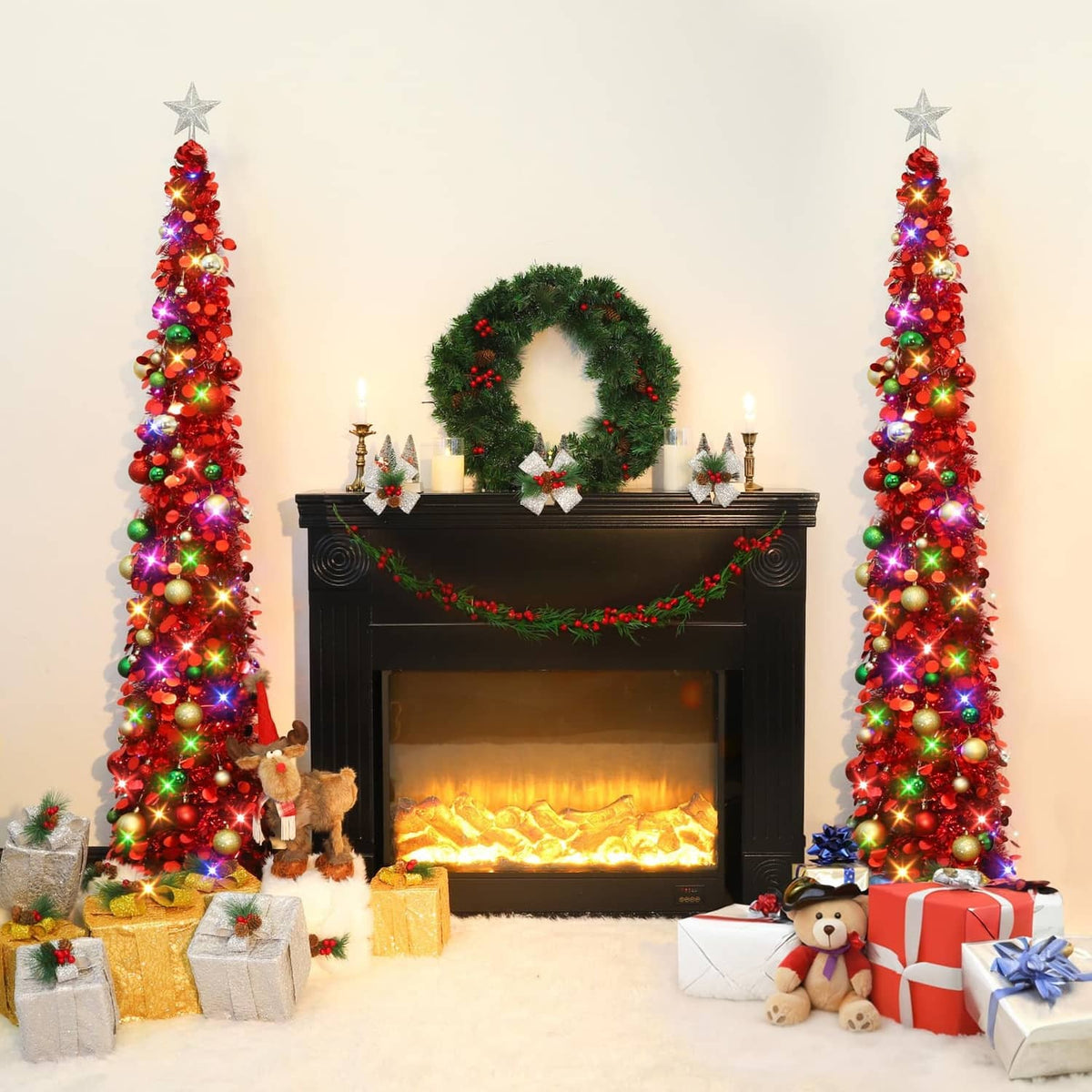 Two red 6ft pop-up Christmas trees with colorful LED lights, ornaments, and star toppers.