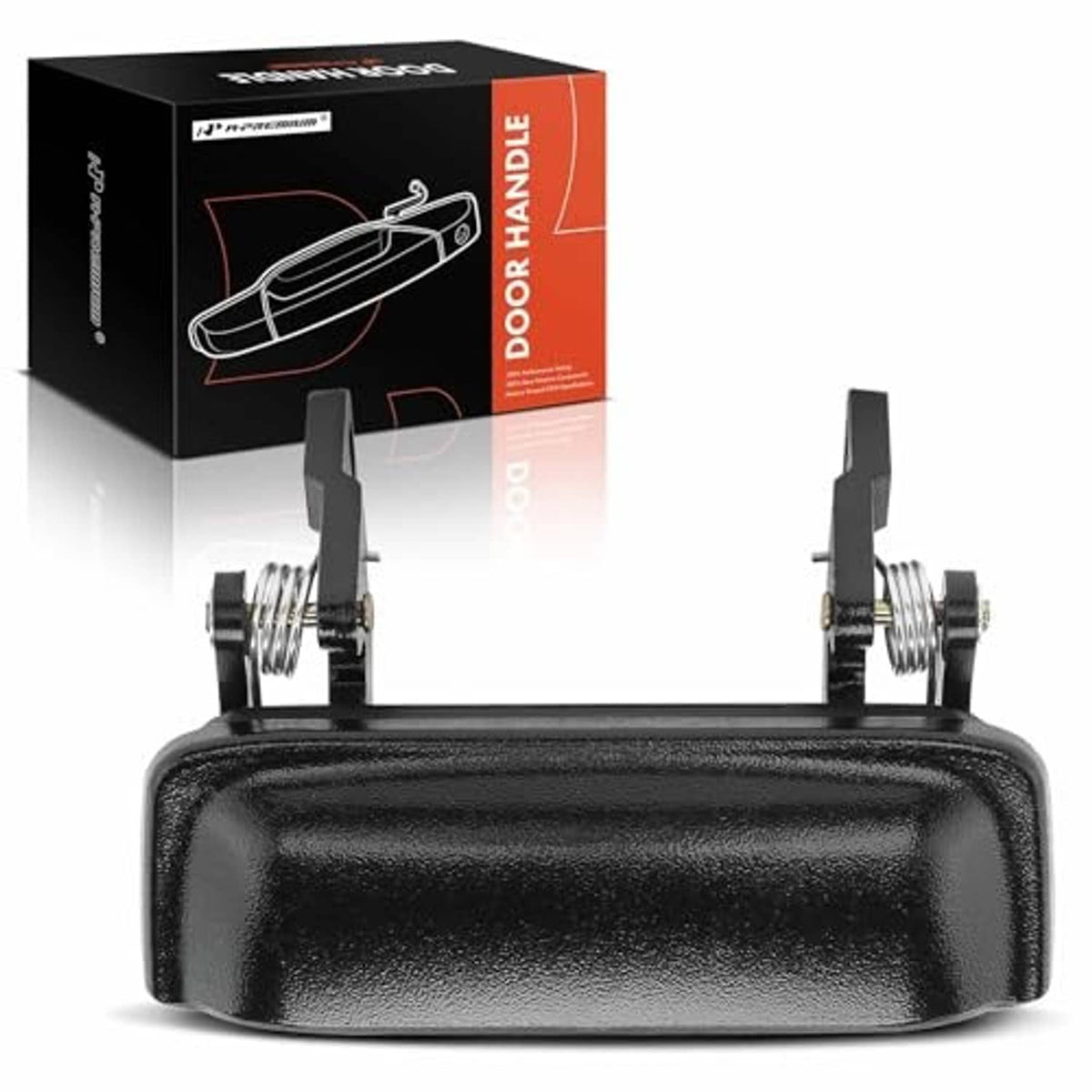 Front exterior door handle set in textured black with two spring-mounted pins