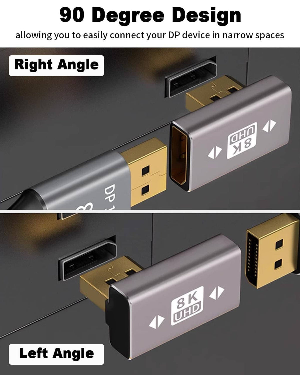 DisplayPort 90-degree adapter extender, silver metal body with gold-plated connector