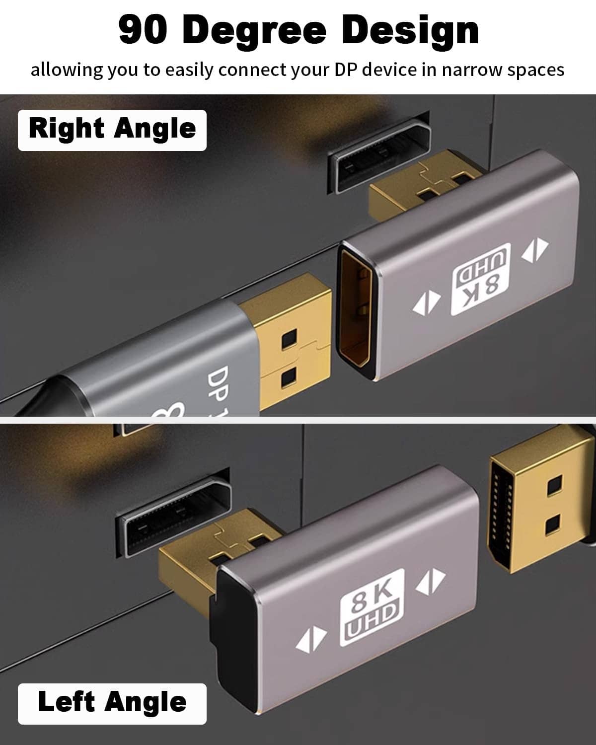 DisplayPort 90-degree adapter extender, silver metal body with gold-plated connector
