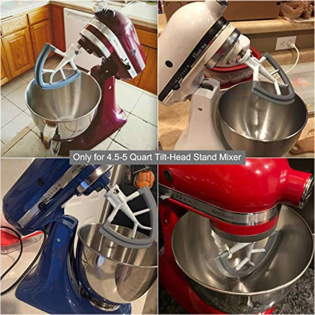 White beater attachment with gray silicone edge mixing and scraping inside metal bowl