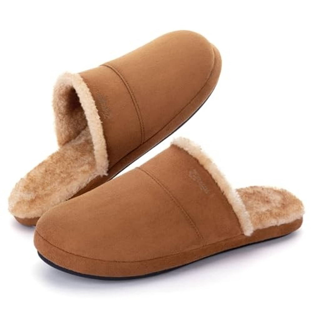 Pair of tan fuzzy scuff house slippers with plush lining and stitched upper seams