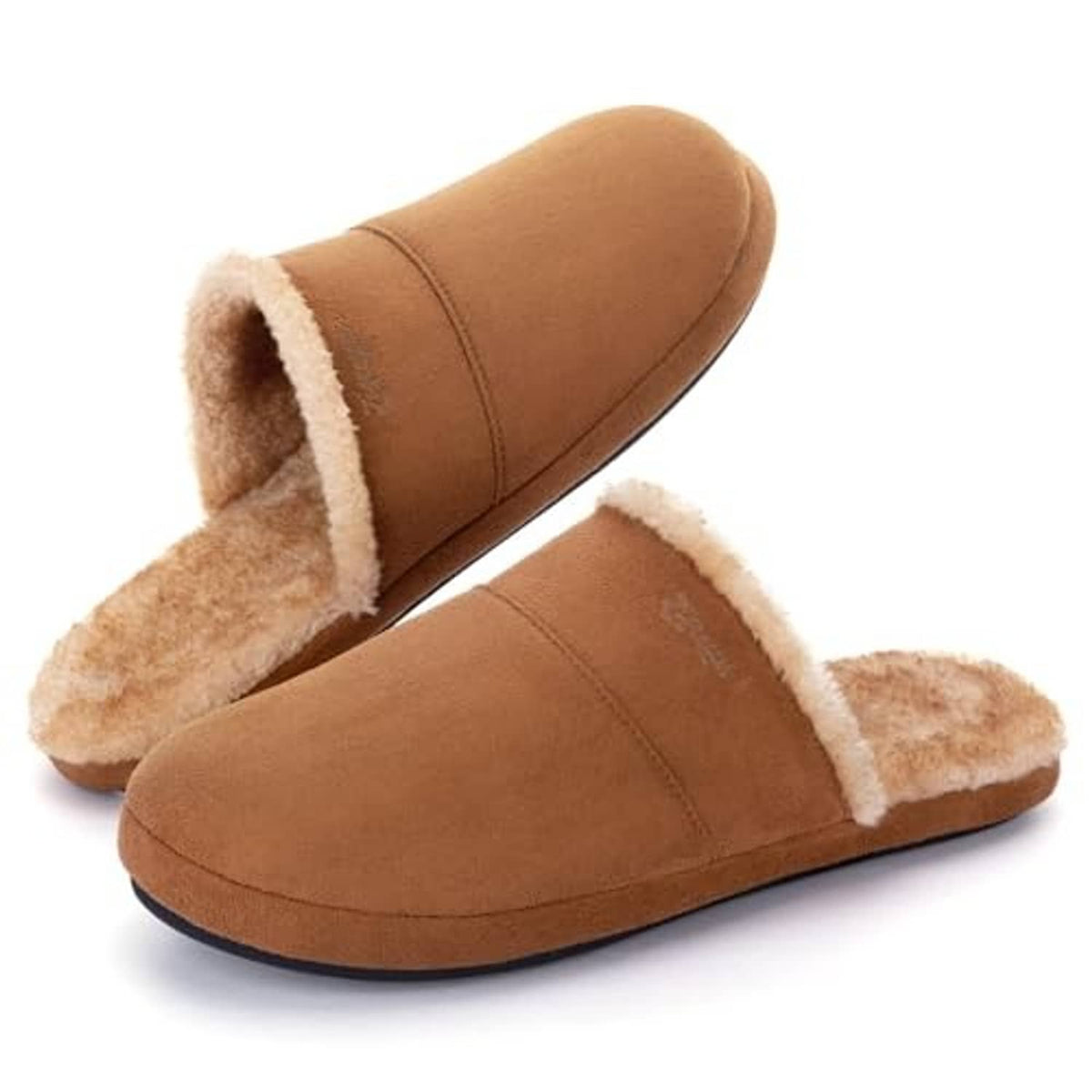 Pair of tan fuzzy scuff house slippers with plush lining and stitched upper seams