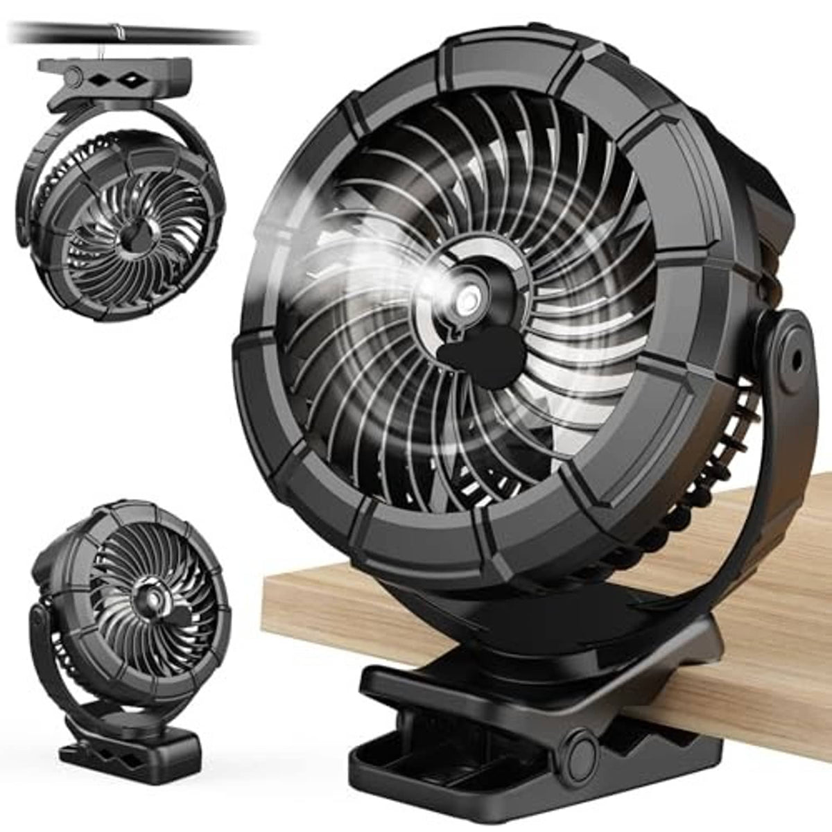 Black clip-on misting fan head with wide fan grille and swiveling pivot mount