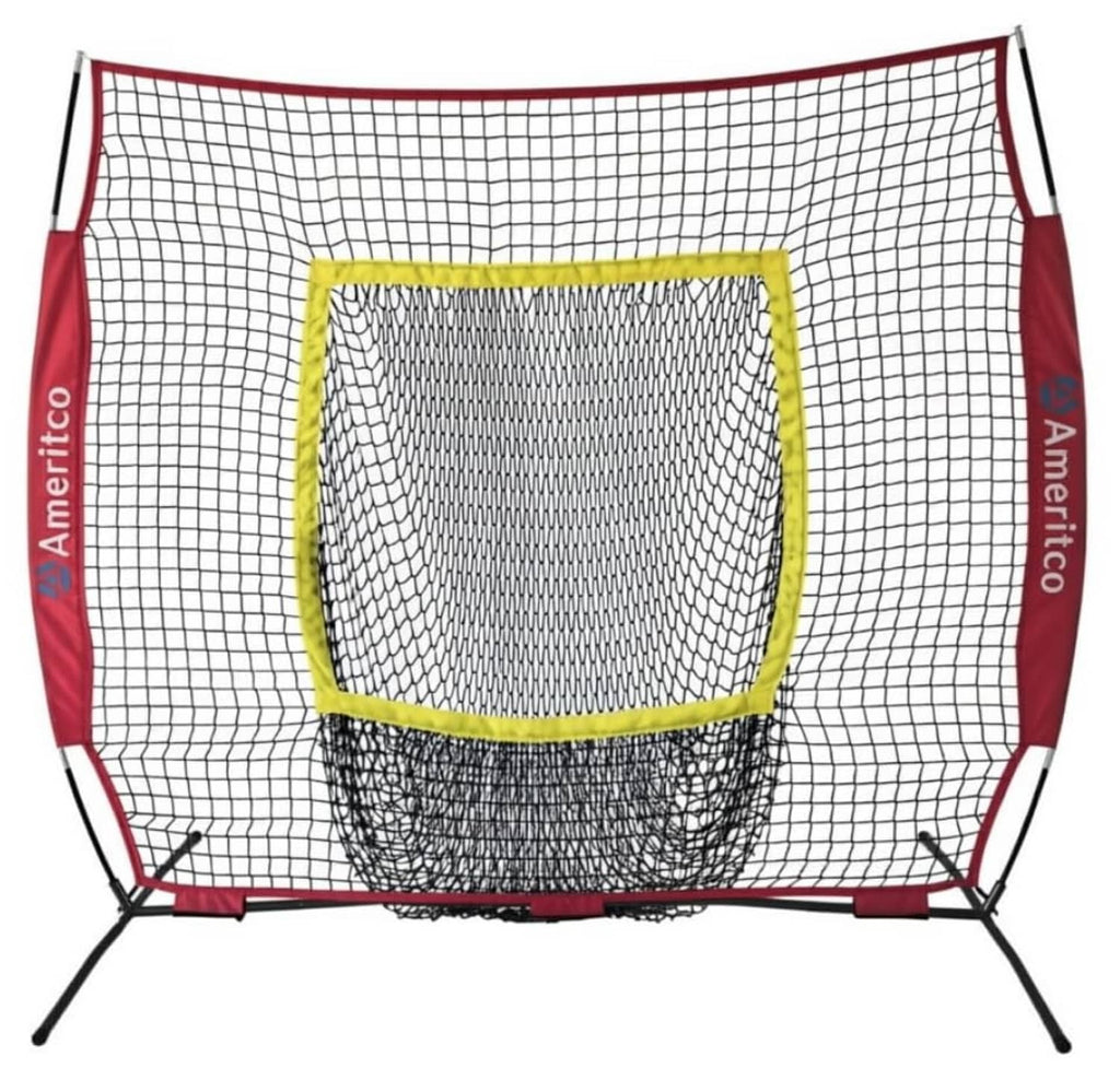 Baseball practice net with square strike zone target, white mesh with dark bottom apron, yellow trim