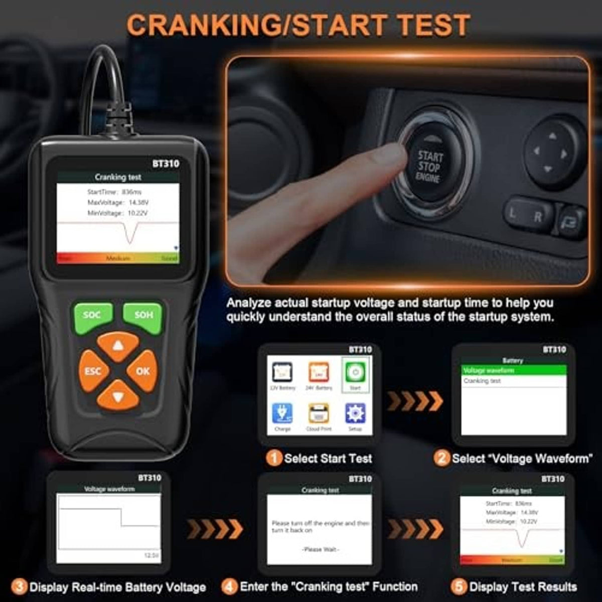 Handheld 12V/24V battery load tester with crank/start test display and buttons.