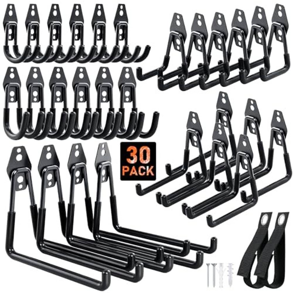 Bundle of 30 black steel garage hooks, anti-slip coated, with mounting holes and curved arms